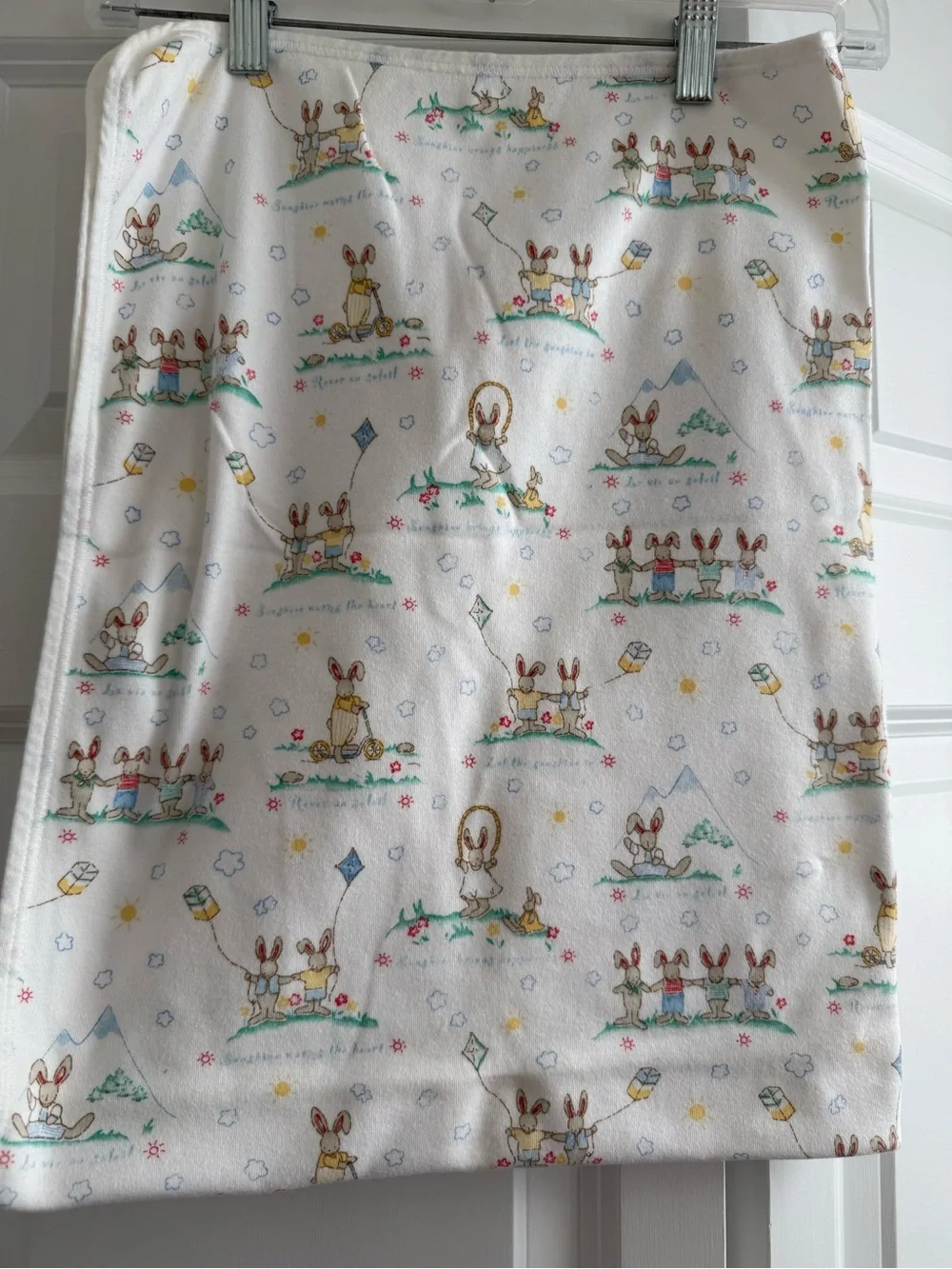 Vintage Carter's White Baby Blanket with Bunny and Pastel Prints